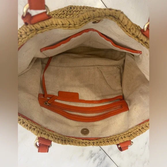 Michael Kors women’s tan straw beach shoulder tote bag with orange leather strap - Picture 9 of 13